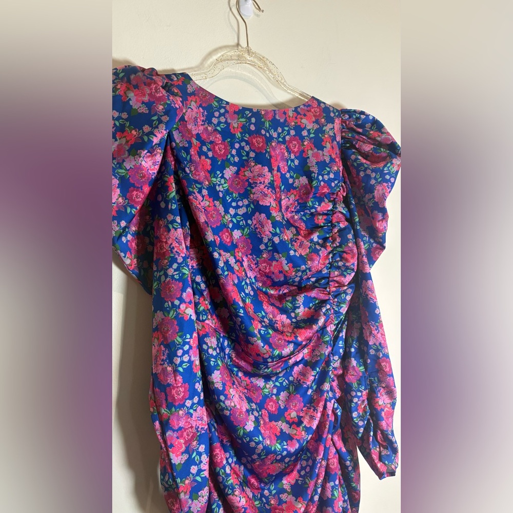 For Love & Lemons NWT Annie Ruched Satin Midi Dress in Cobalt/Pink Floral Small - Picture 5 of 9